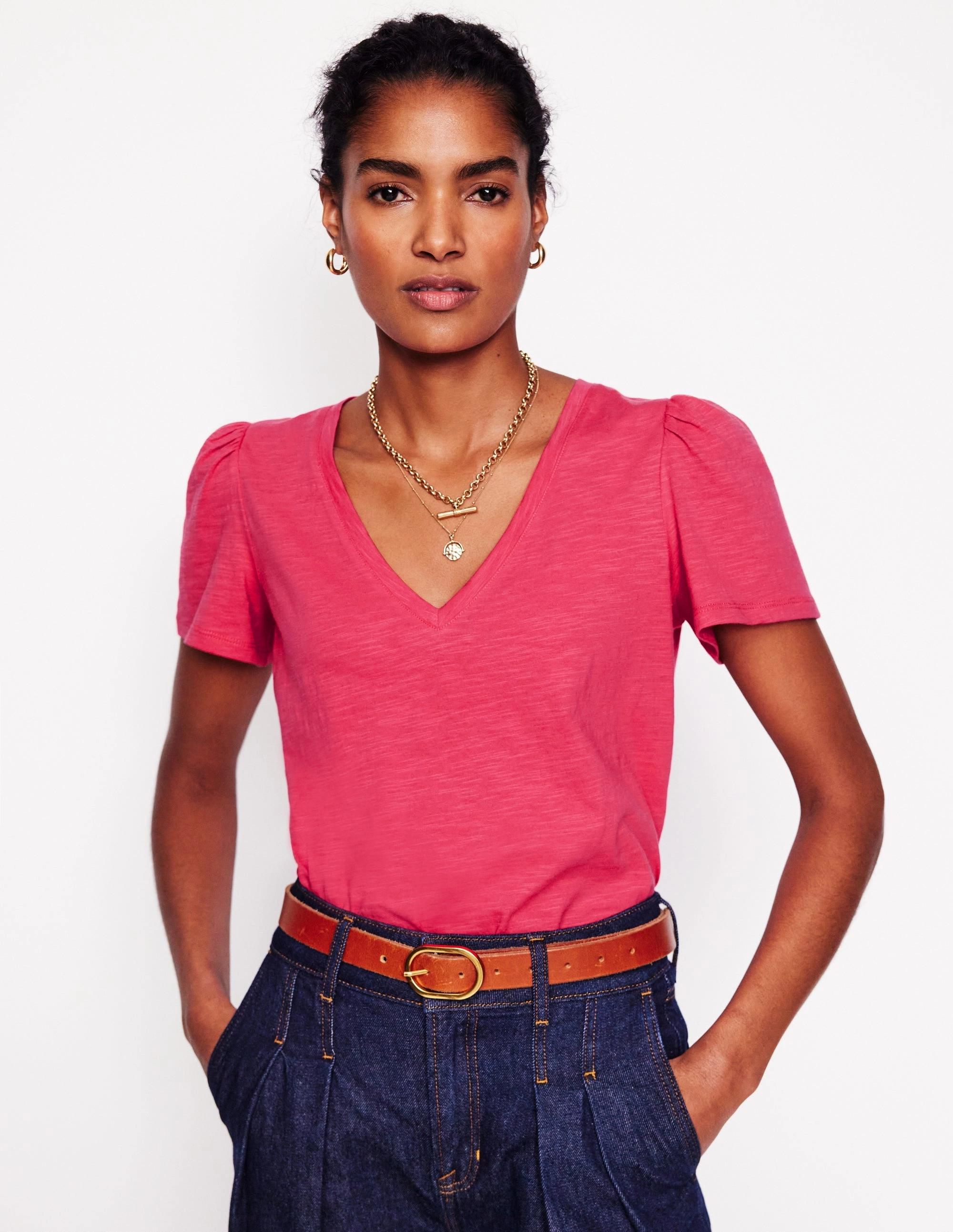 Short Sleeve V Neck T-shirt-Camelia Pink BambooBlend Ribbed Hem Finish