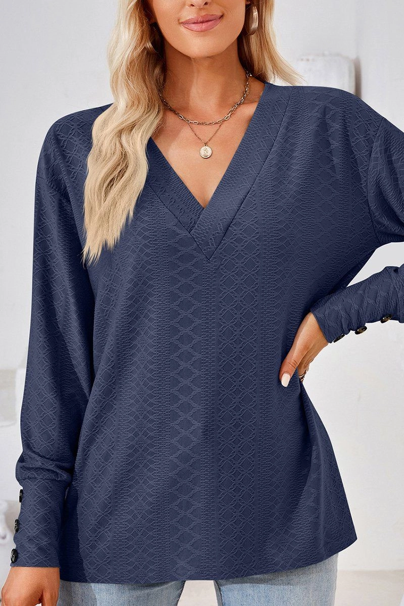 FrictionResistant Fabric WOMEN V NECK BUTTONED CUFF LOOSE FIT BLOUSE