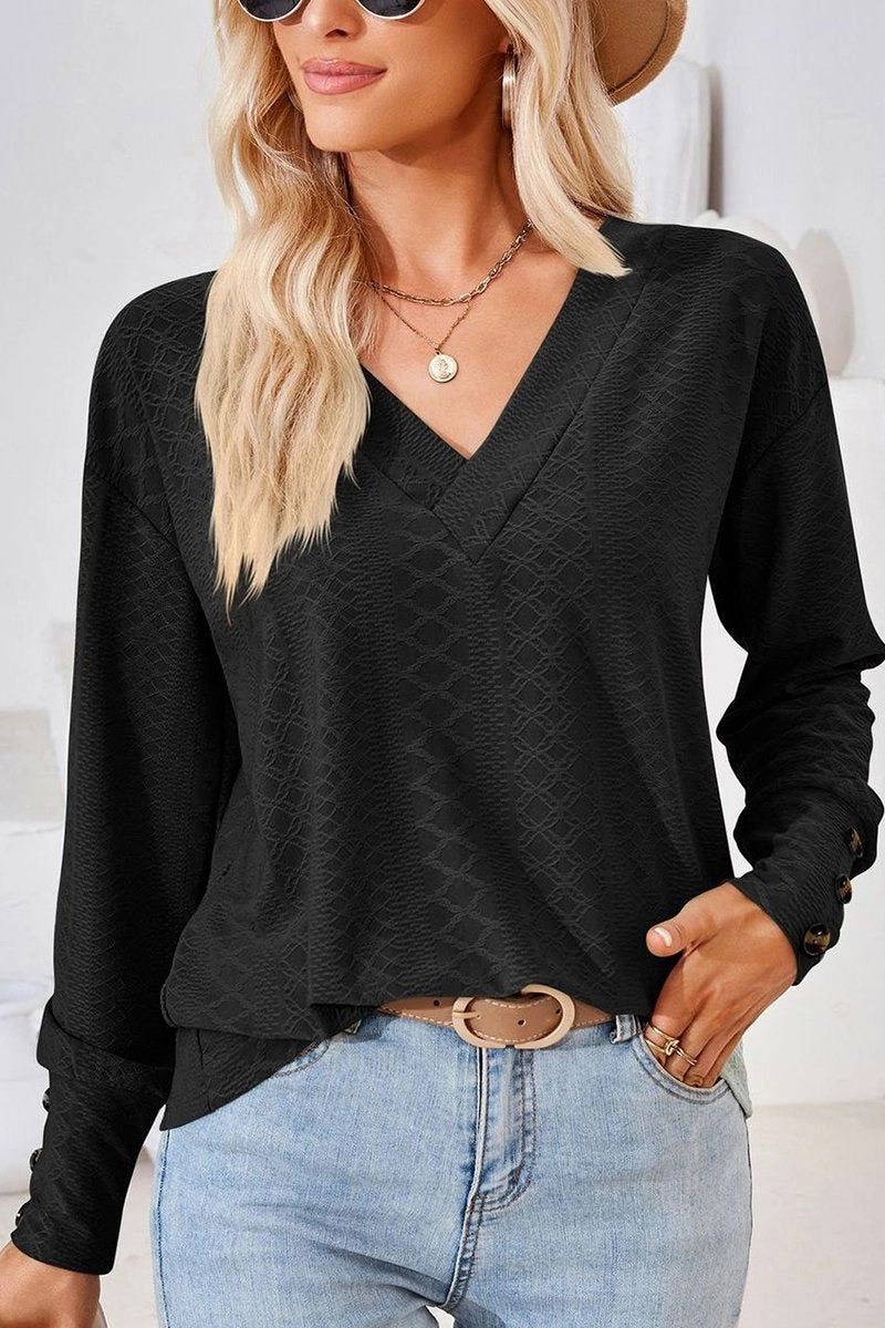 Simple Cut Gym Wear WOMEN V NECK BUTTONED CUFF LOOSE FIT BLOUSE