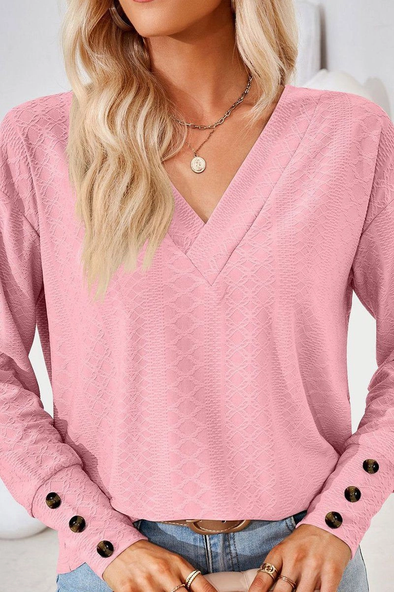 WOMEN V NECK BUTTONED CUFF LOOSE FIT BLOUSE Flatlock Seams