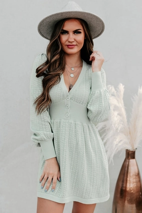 Ethically Sourced Material DualLayer Weave Swift Decisions Long Sleeve Button Front Sweater Dress (Dusty Sage)