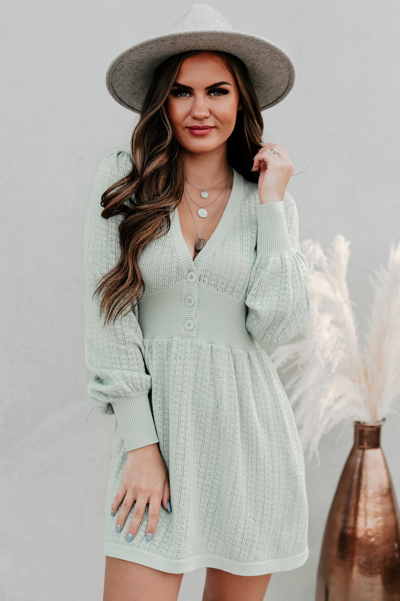 Ethically Sourced Material DualLayer Weave Swift Decisions Long Sleeve Button Front Sweater Dress (Dusty Sage)