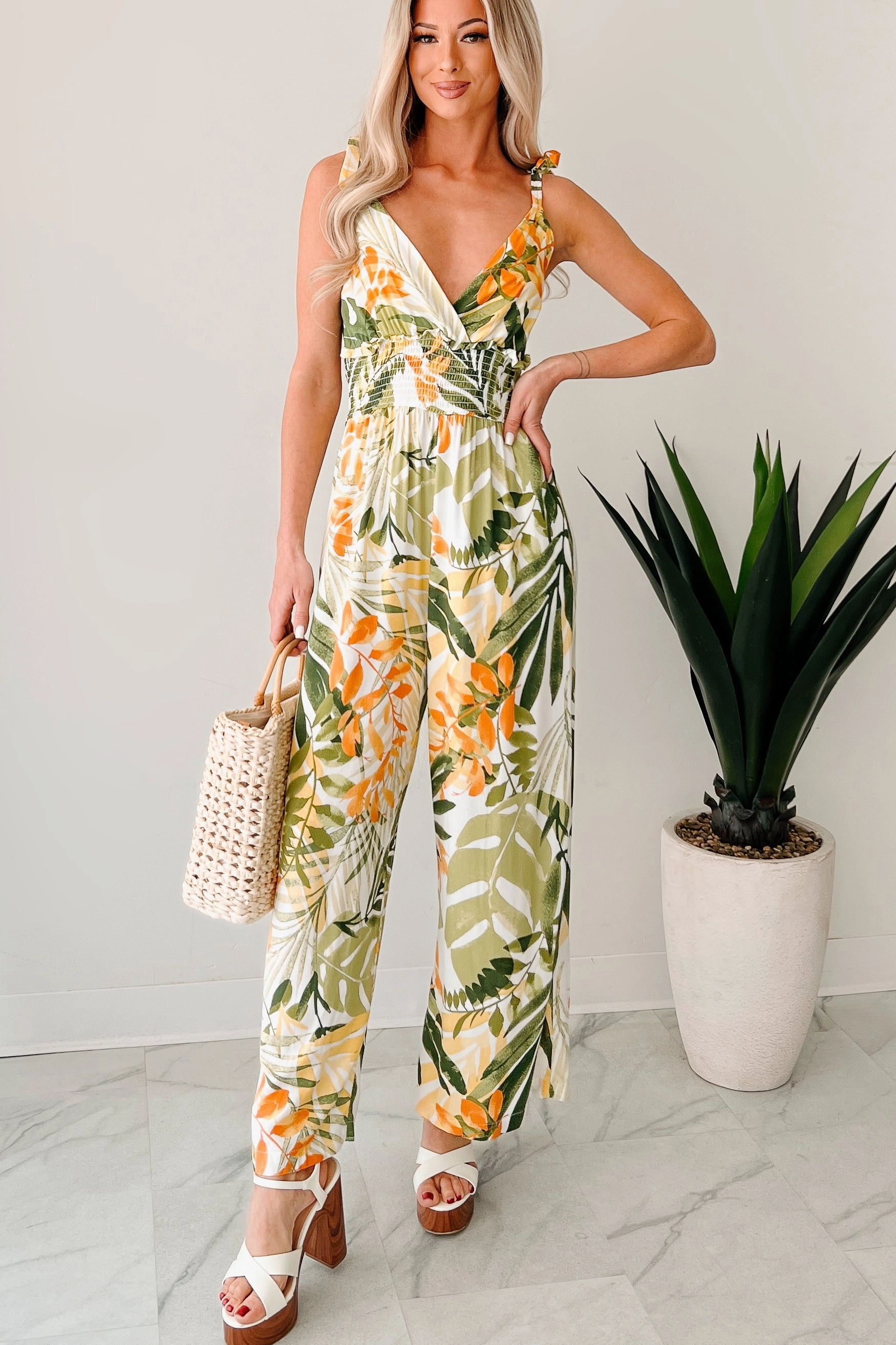 Polished Cut Soft Wear Flirt With Life Smocked Tropical Jumpsuit (Ivory/Green)