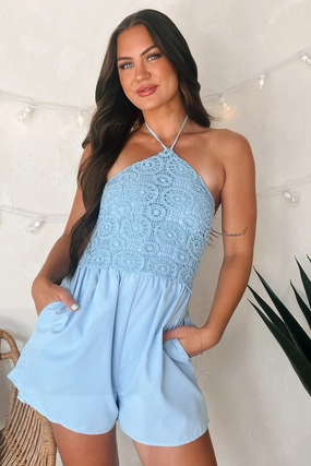 Urban Motion Flirty Beginnings Crochet Halter Romper (Light Blue)