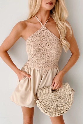 All-day Comfort Flirty Beginnings Crochet Halter Romper (Natural)