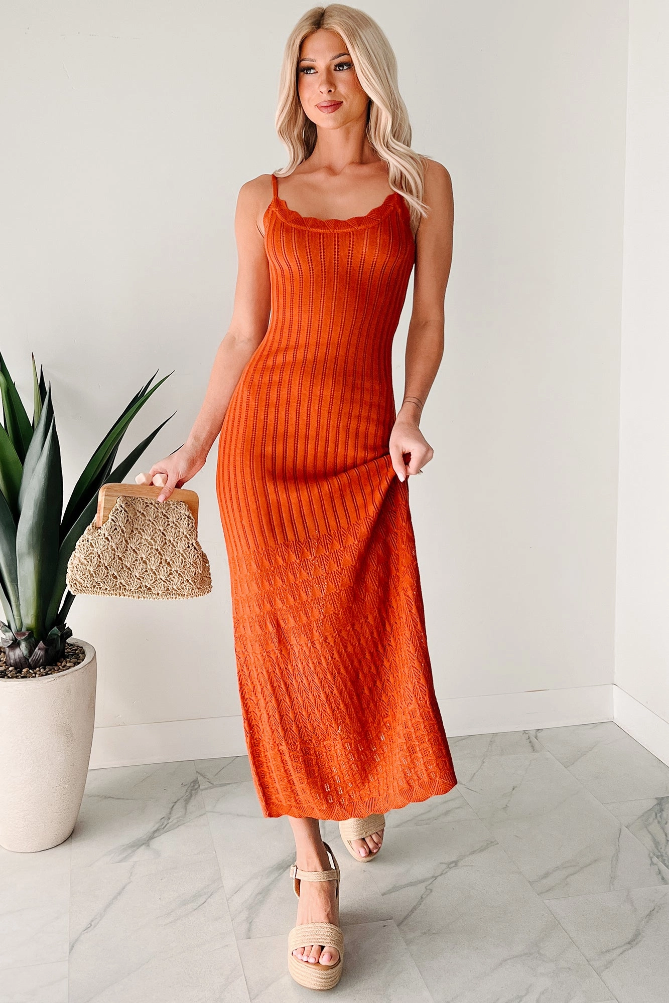 Hidden-Pocket Flowy Dreams Sleeveless Crochet Maxi Dress (Burnt Orange)