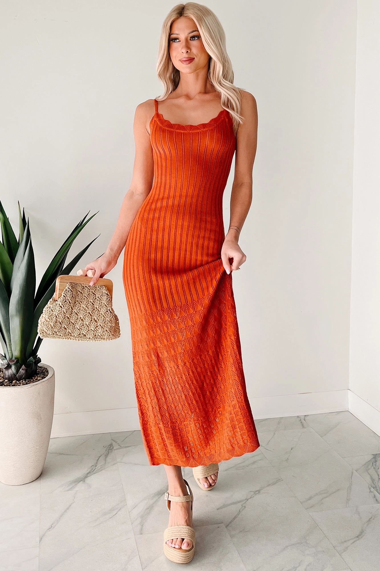 Flowy Dreams Sleeveless Crochet Maxi Dress (Burnt Orange) Sheer Layer