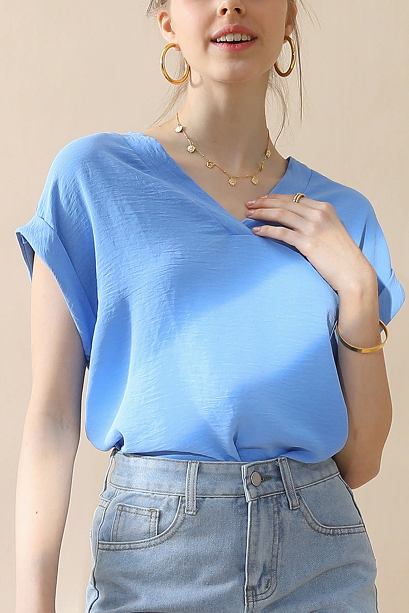 WOMENS V NECK TRIM ROLLED SHORT SLEEVE BLOUSE TOP Lightweight Layering Option ReinforcedStitching