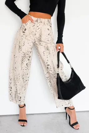 Zane High Rise Printed Barrel Kancan Jeans (Beige/Black) Flat Lock Stitching