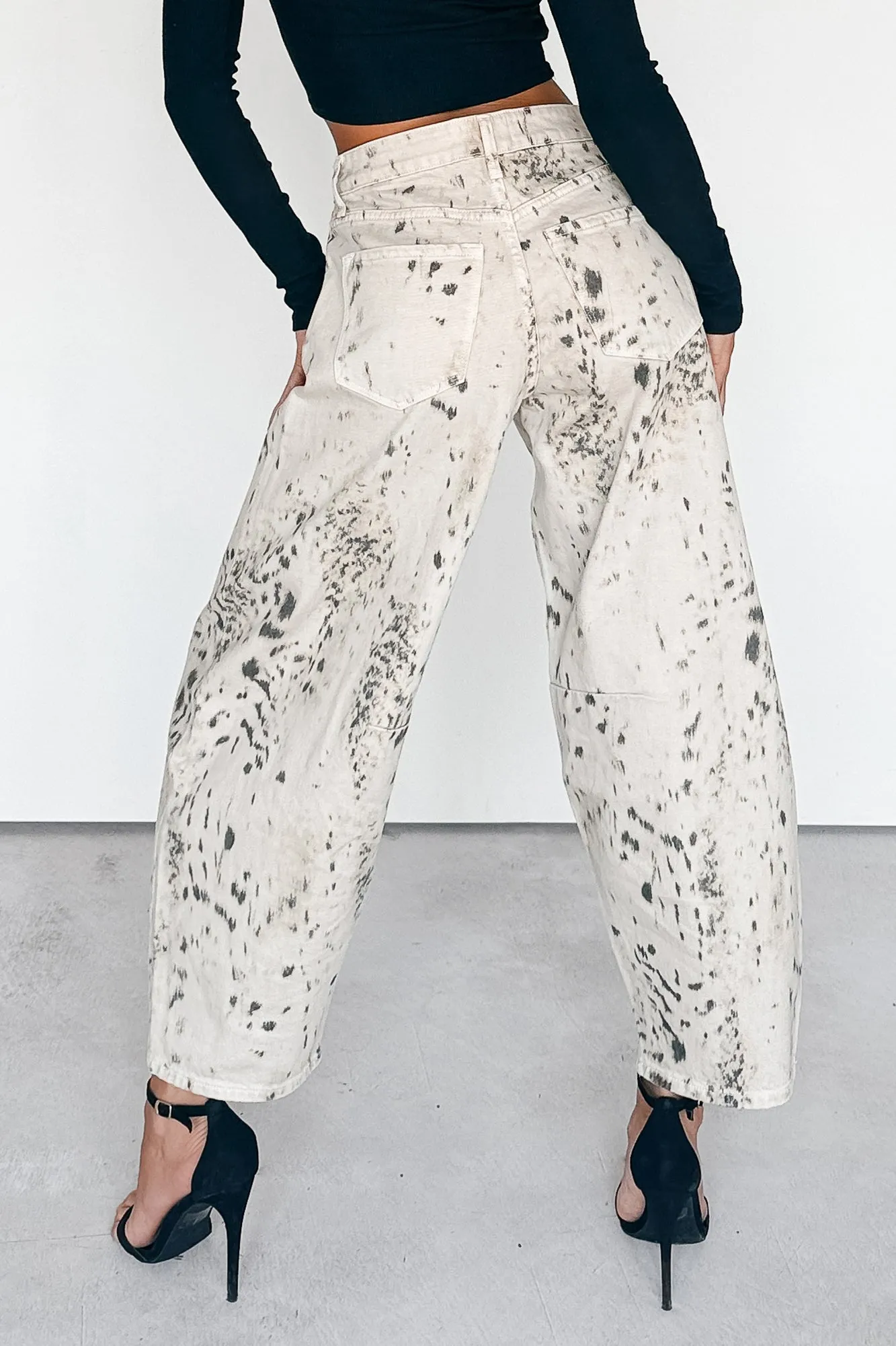 LowMaintenanceFabric Zane High Rise Printed Barrel Kancan Jeans (Beige/Black)