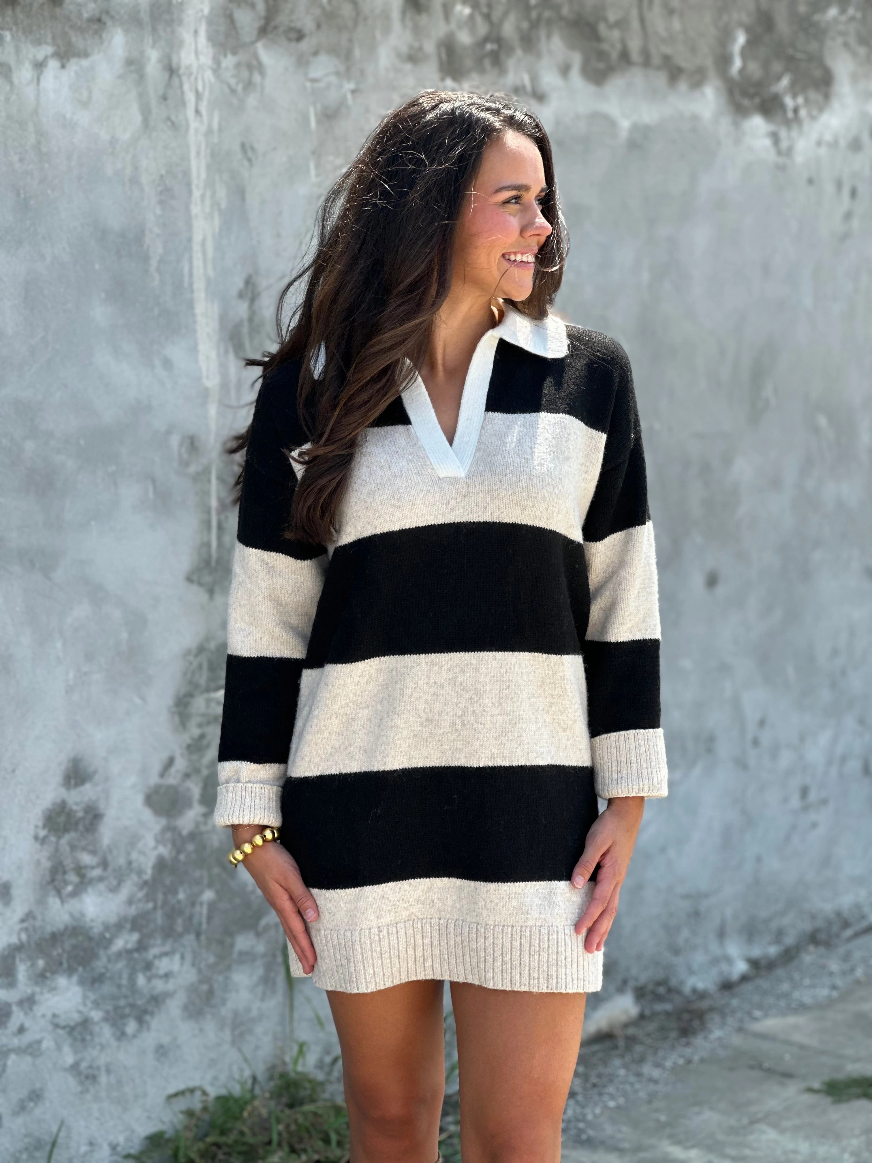 Sanctuary Polo Striped Sweater Dress in Heather Pearl W/ Black Soft Hoodie