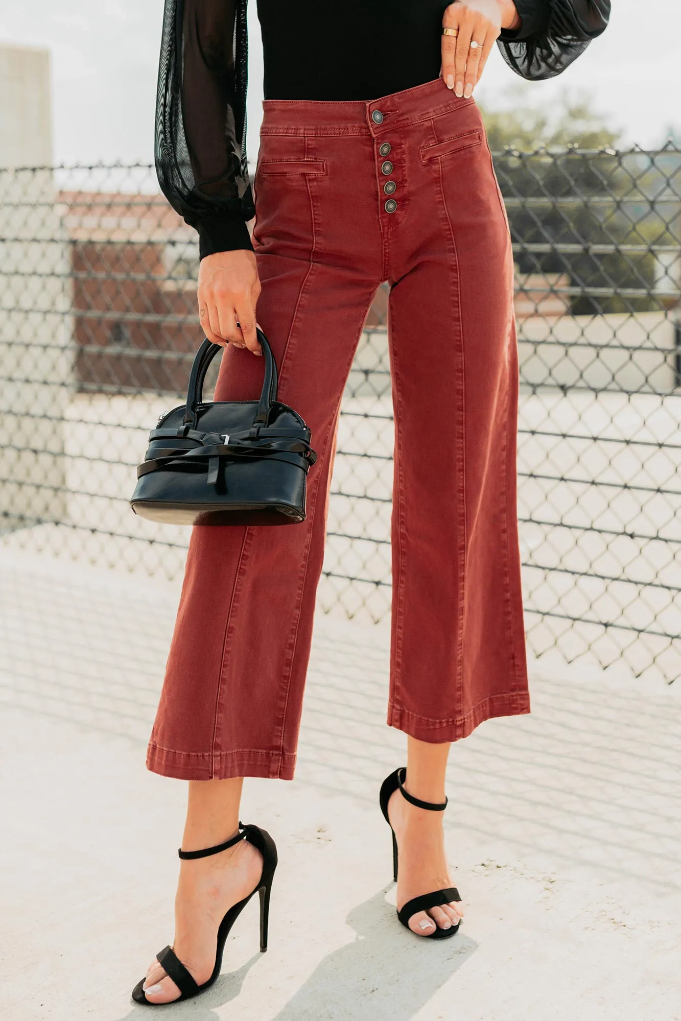 Frances Wide Leg Cropped Mica Denim Jeans (Dark Red) QuickRelease Fastener