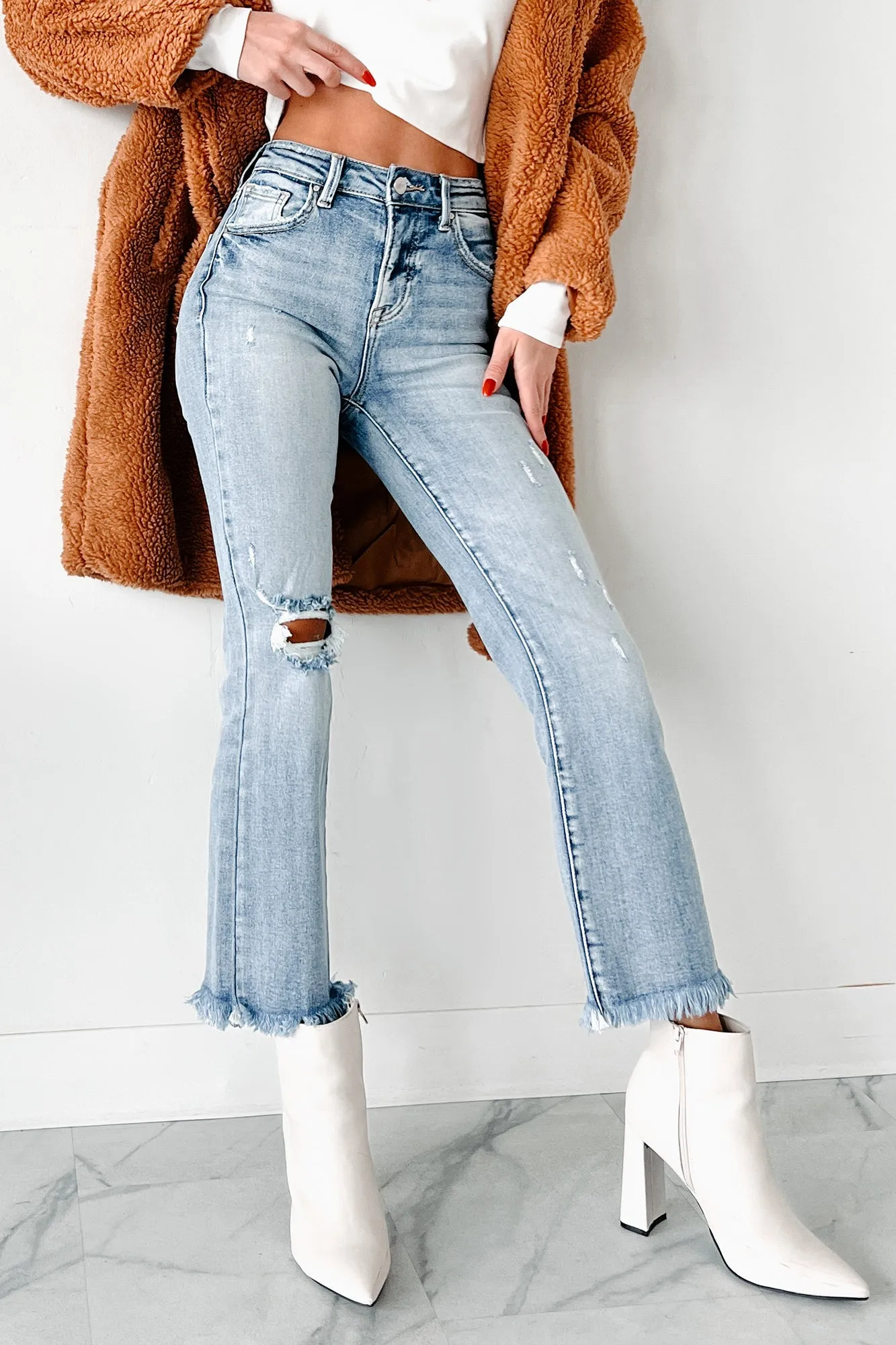 Abrasion Resistant Fabric Fit And Easy Eloise High Rise Distressed Crop Flare Risen Jeans (Medium)