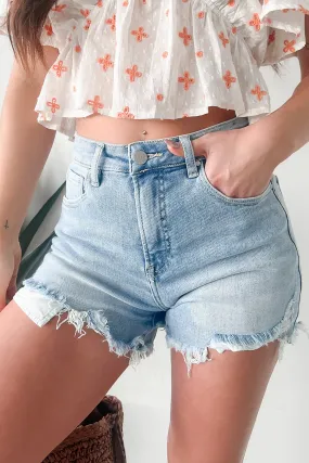 Fresh Take High Rise Distressed Risen Denim Shorts (Light) Warm Weather Wear petite size