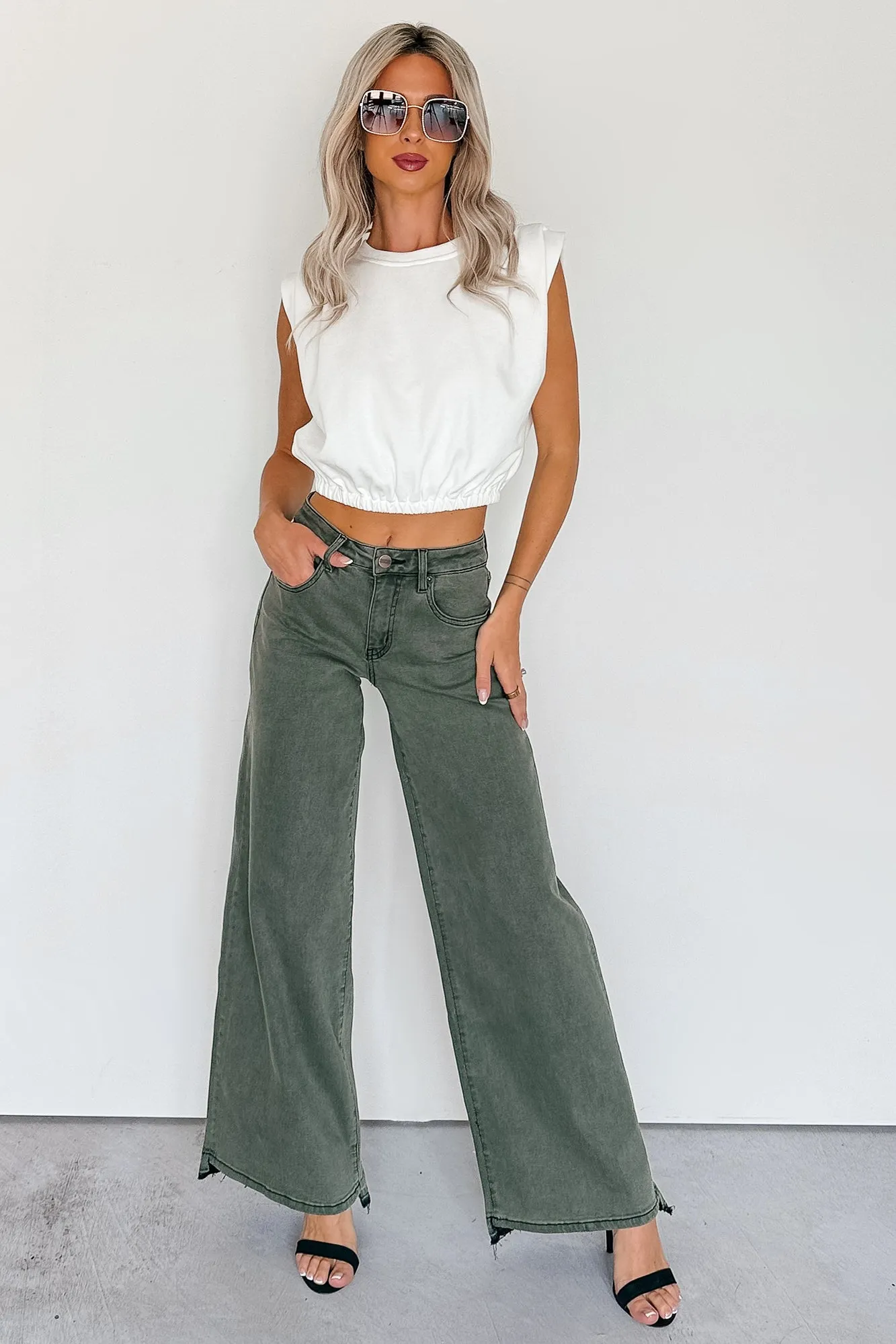 Valencia High Rise Wide Leg Mica Denim Jeans (Dark Green) Daily Go-To Street Fashion Trend Setter Holiday Vibes