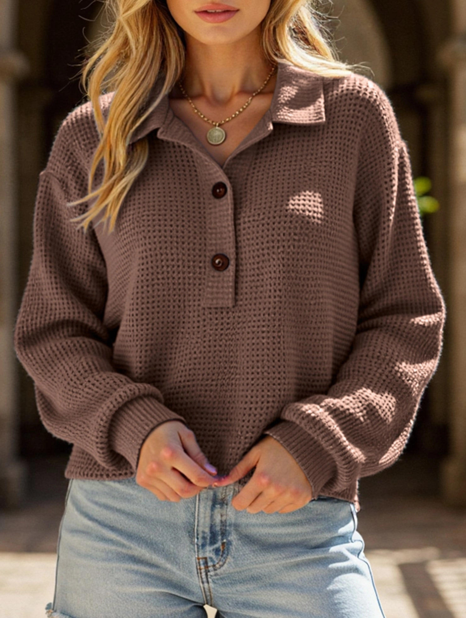 Pure color turn-over collar knitted sweater Stay Cool Technology slim fit