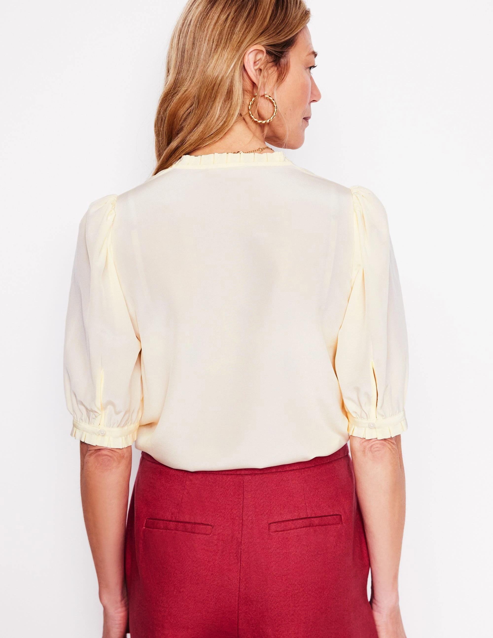 Two Tone Texture Effect VNeck Style Frill Detail Silk Top-Ivory