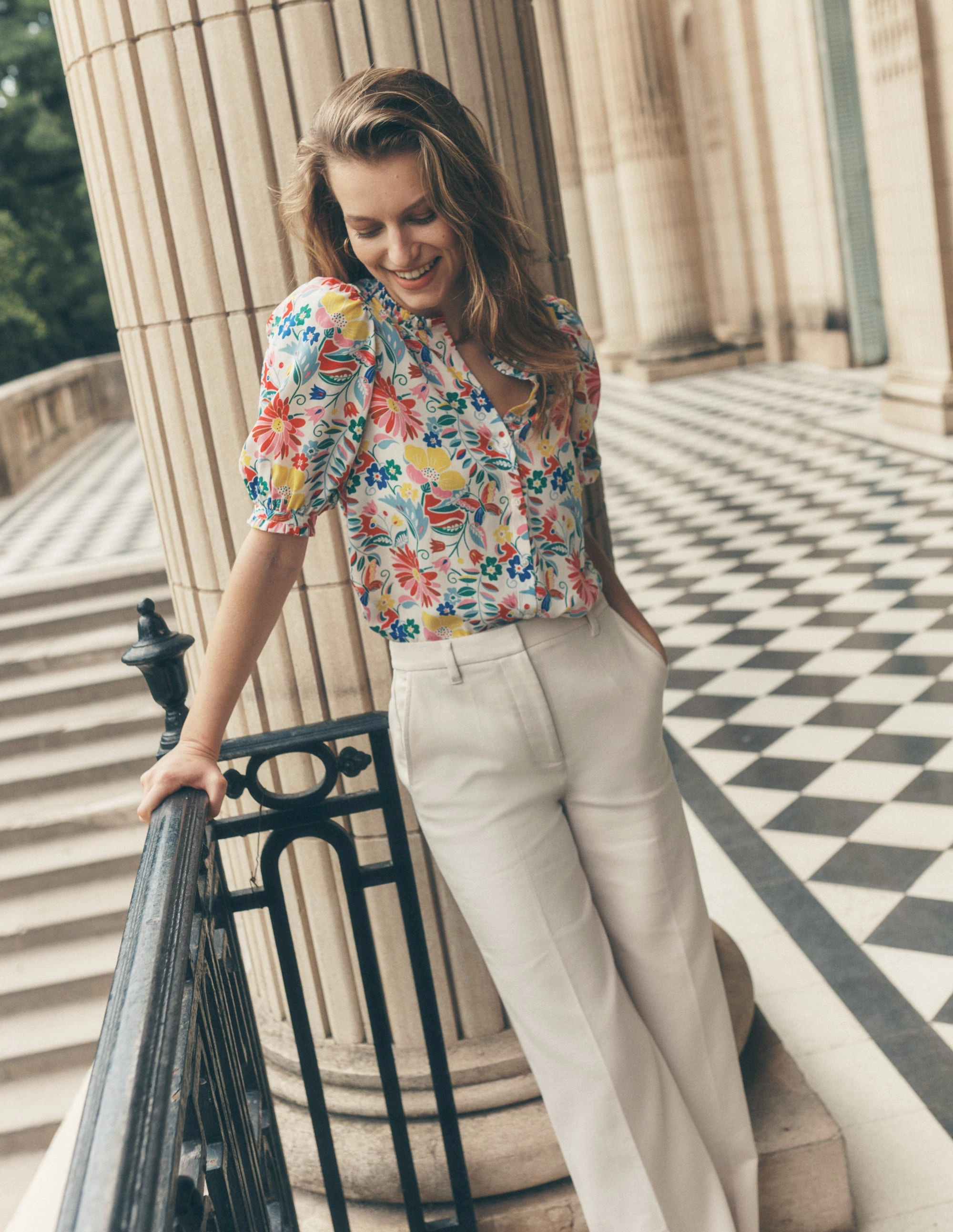 Frill Detail Silk Top-Multi, Wildflower Trail Low Profile Seaming Modular Layering System