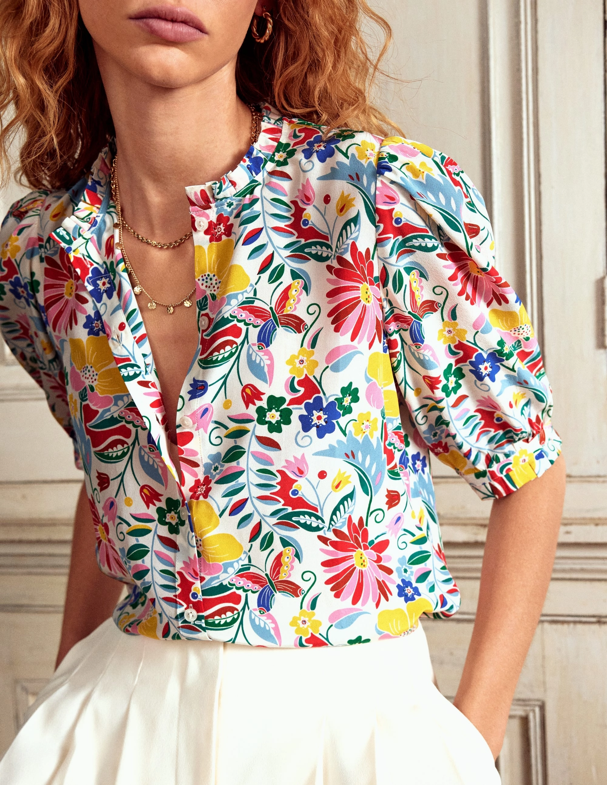 Frill Detail Silk Top-Multi, Wildflower Trail HiddenPocket