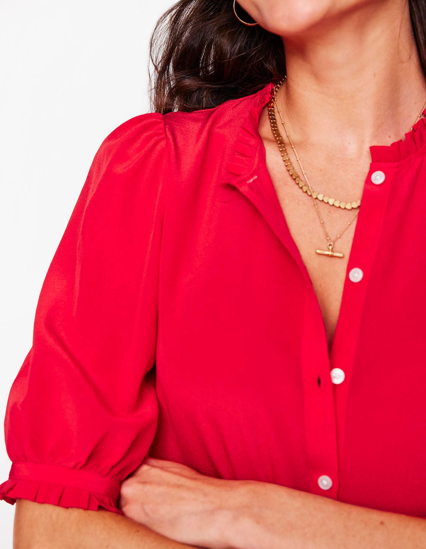 Frill Detail Silk Top-Poppy Red Adjustable Hem Toggles