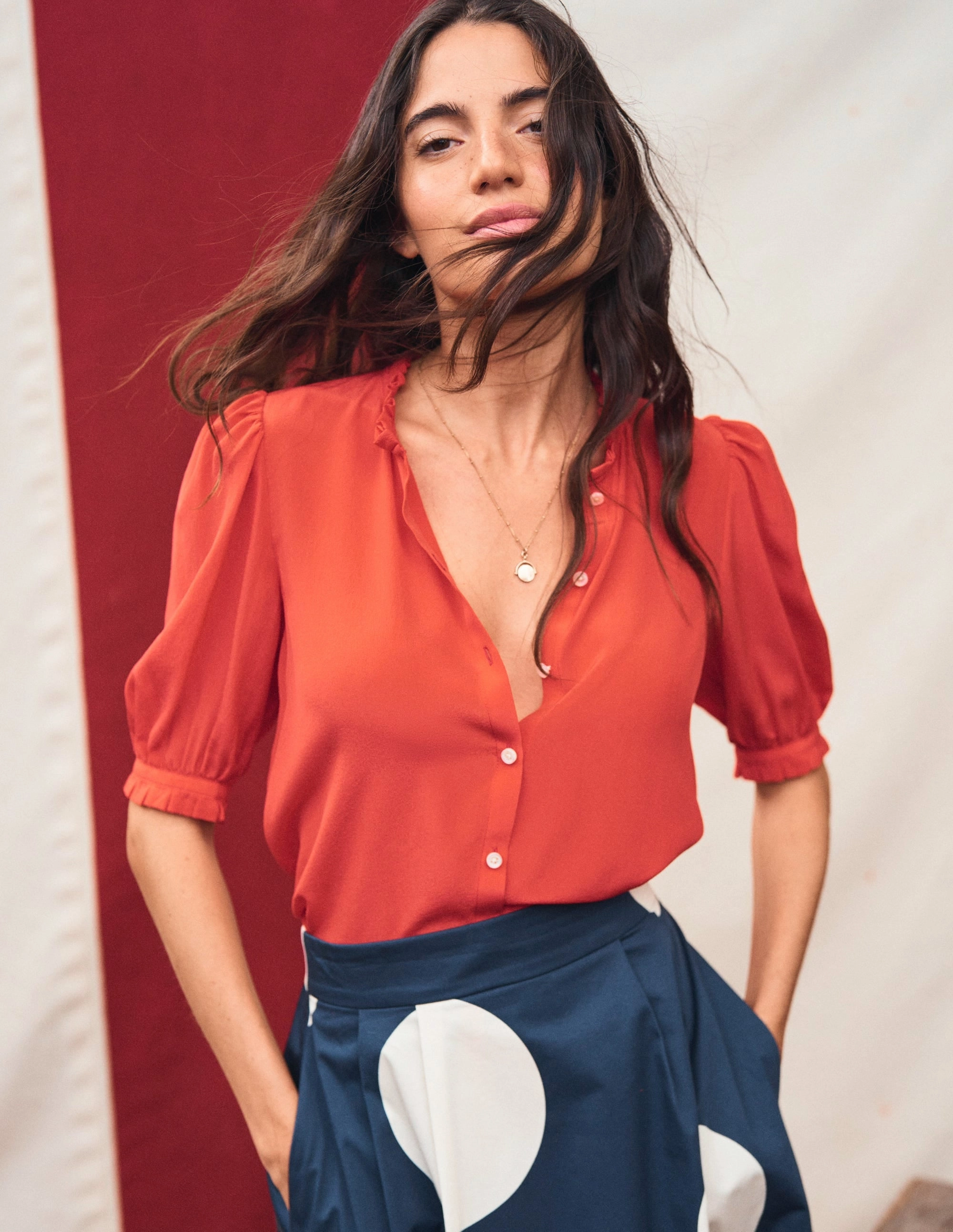 Frill Detail Silk Top-Poppy Red DroppedShoulder