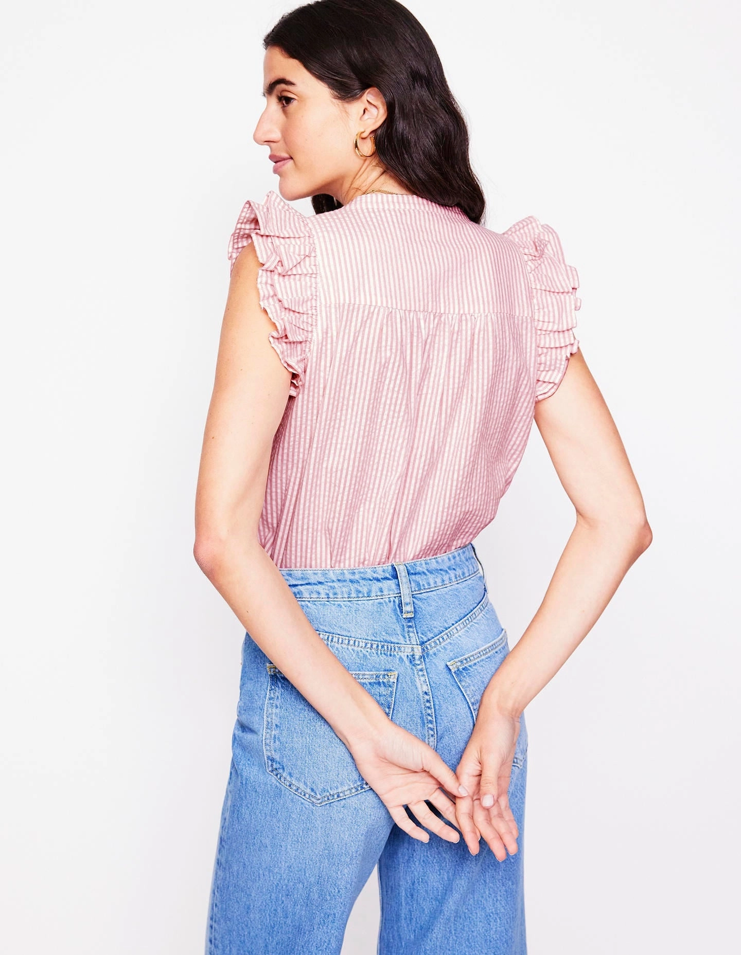 Frill Sleeve Seersucker Top-Pink Rose Fine Stripe FlexibleRibbing
