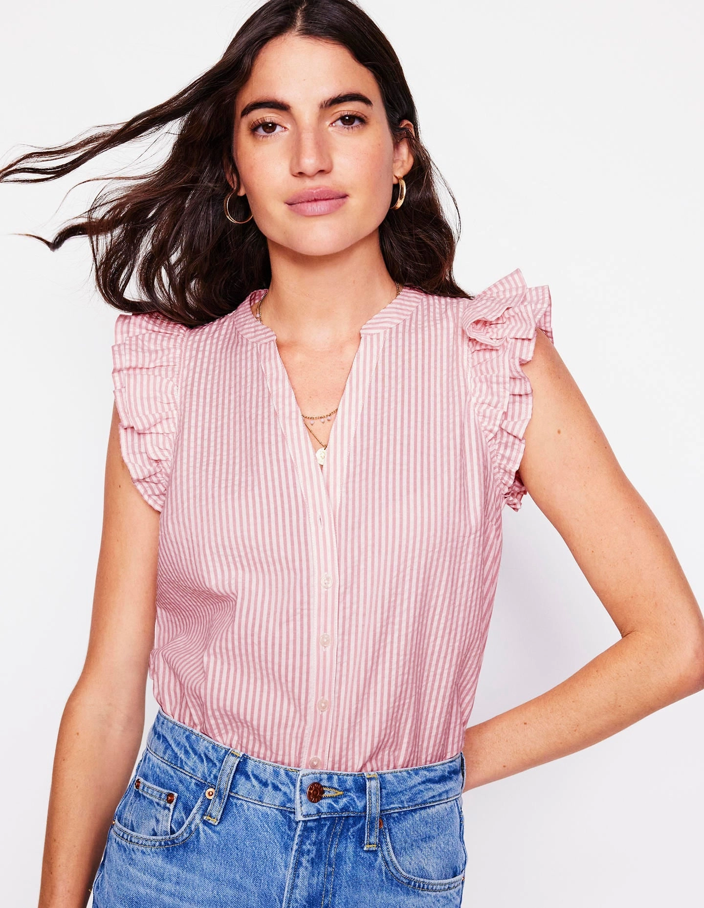 Subtle Texture Weave stain resistant coating Frill Sleeve Seersucker Top-Pink Rose Fine Stripe