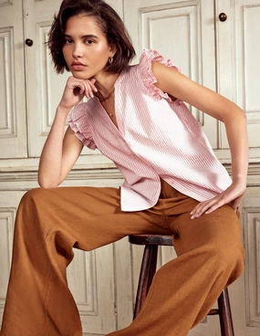 Hidden Button Placket RibbedTrims Frill Sleeve Seersucker Top-Pink Rose Fine Stripe