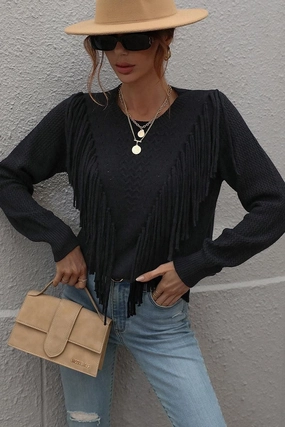 FRONT TASSEL DETAILED KNIT SWEATER TOP Thermoregulating Fabric Trendy Look