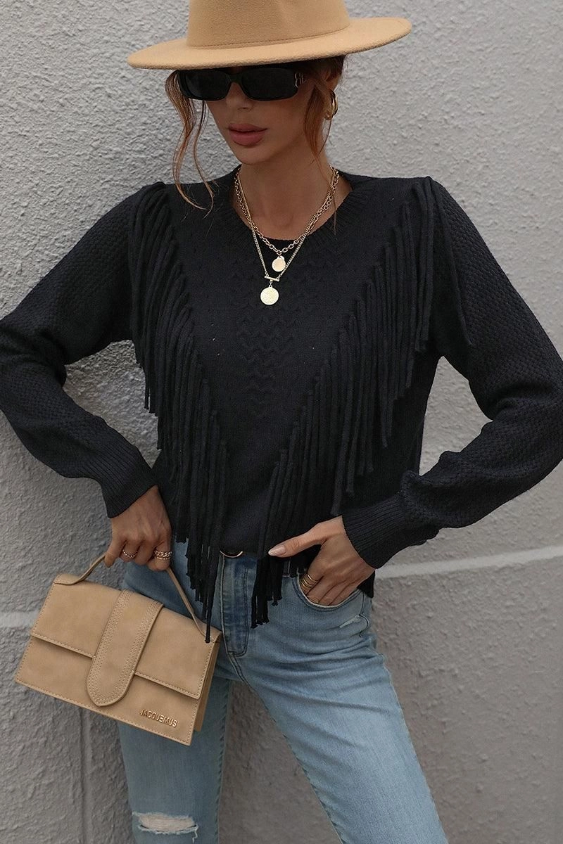 FRONT TASSEL DETAILED KNIT SWEATER TOP Thermoregulating Fabric Trendy Look