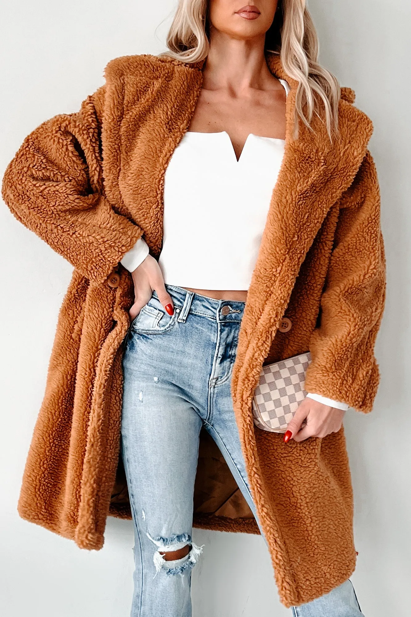Frosty But Fabulous Oversized Sherpa Coat (Camel) Snap Closures Advanced Wickability System