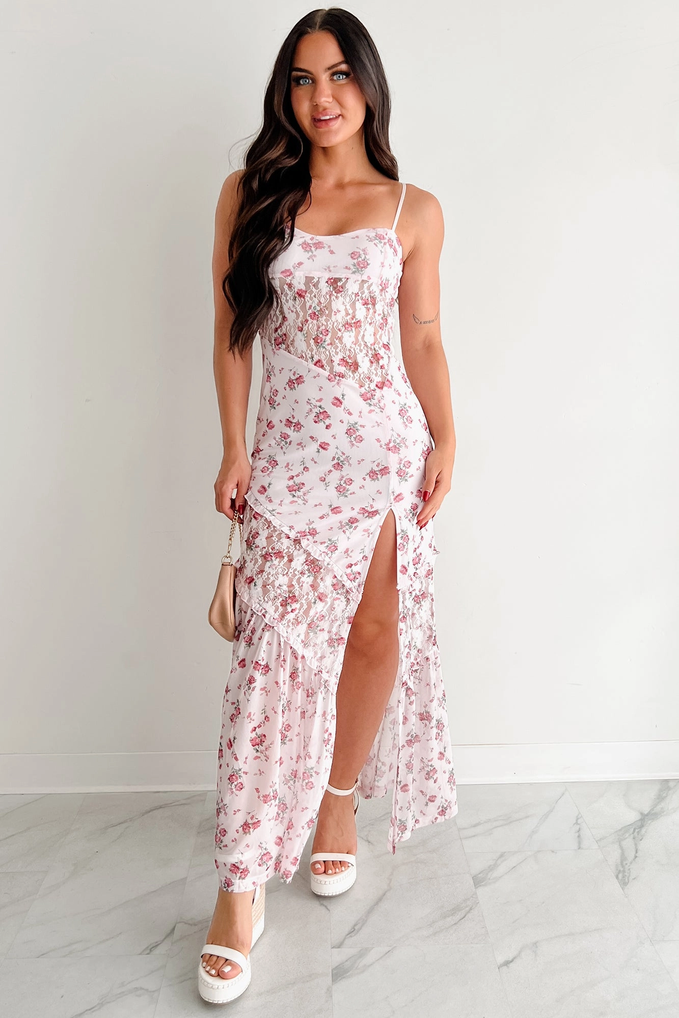 Full-Time Flirt Floral Mesh Maxi Dress (Blush) Soft Tone