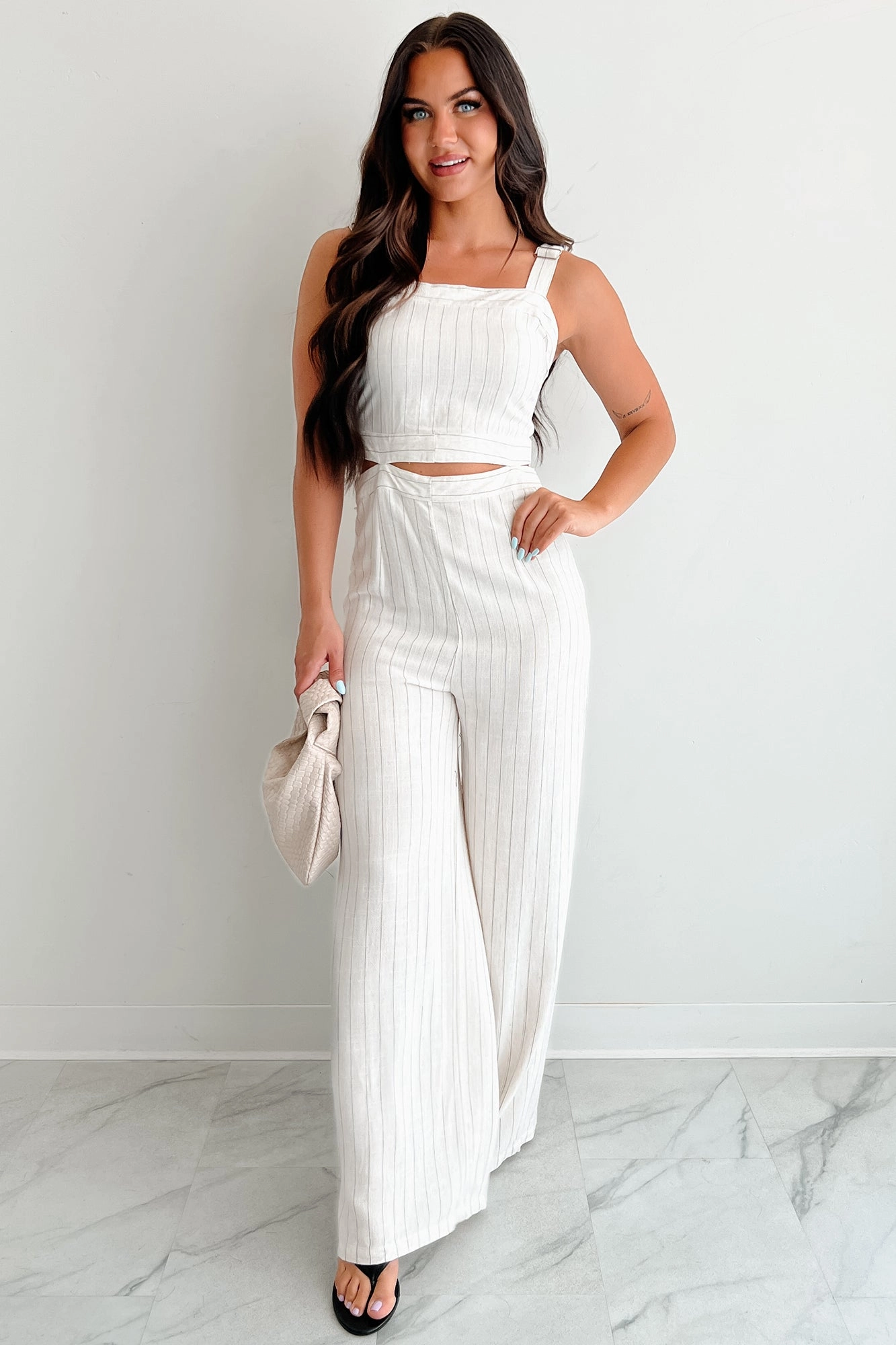 Days Like This Striped Cut-Out Jumpsuit (Oatmeal) Sophisticated cocktail dress