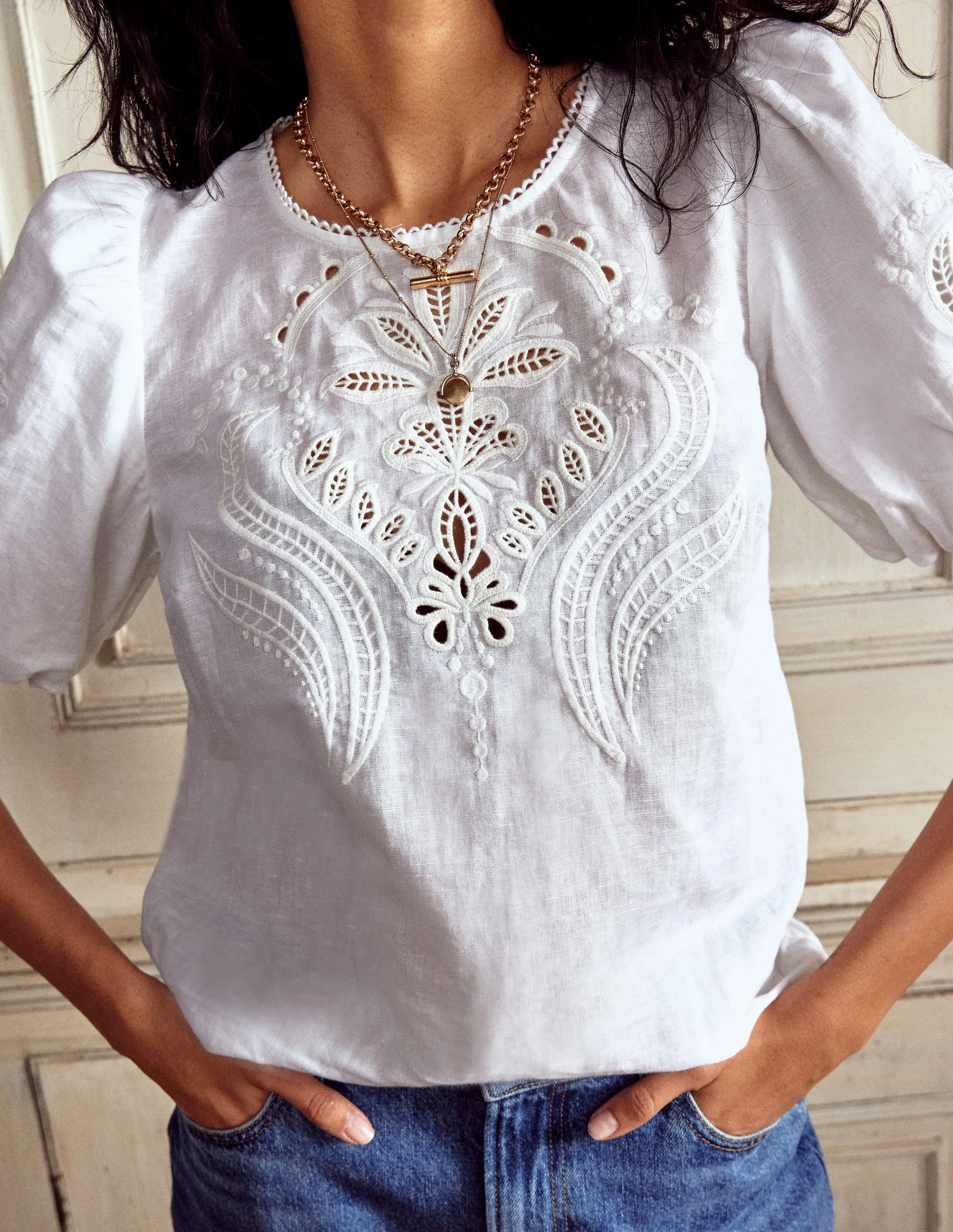 Linen Cutwork Top-White Tencel Lyocell Fiber Vintage Hoodie