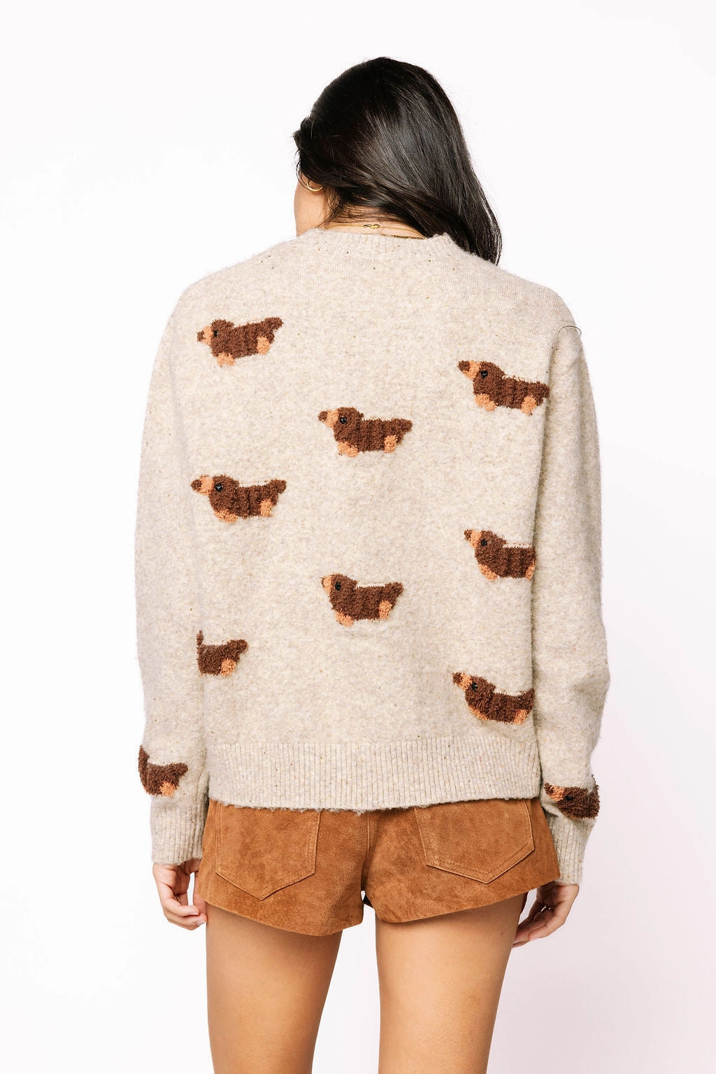 Fuzzy Weenie Dog Sweater in Marled Sparkle Oatmeal HiddenVentilationPockets