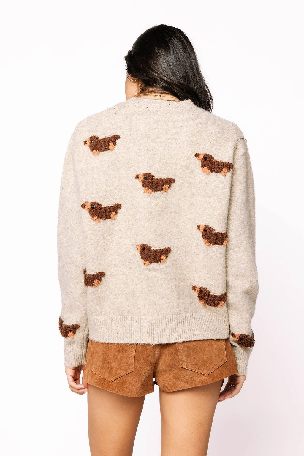 Recycled Material Blend Comfortable Design Fuzzy Weenie Dog Sweater in Marled Sparkle Oatmeal