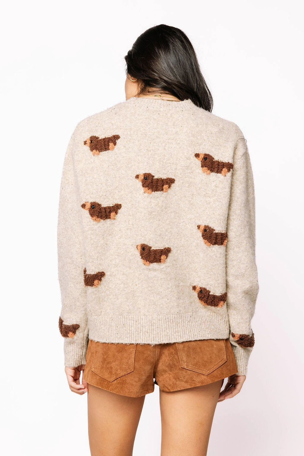 AirflowOptimized Design Interlock Knit Fuzzy Weenie Dog Sweater in Marled Sparkle Oatmeal