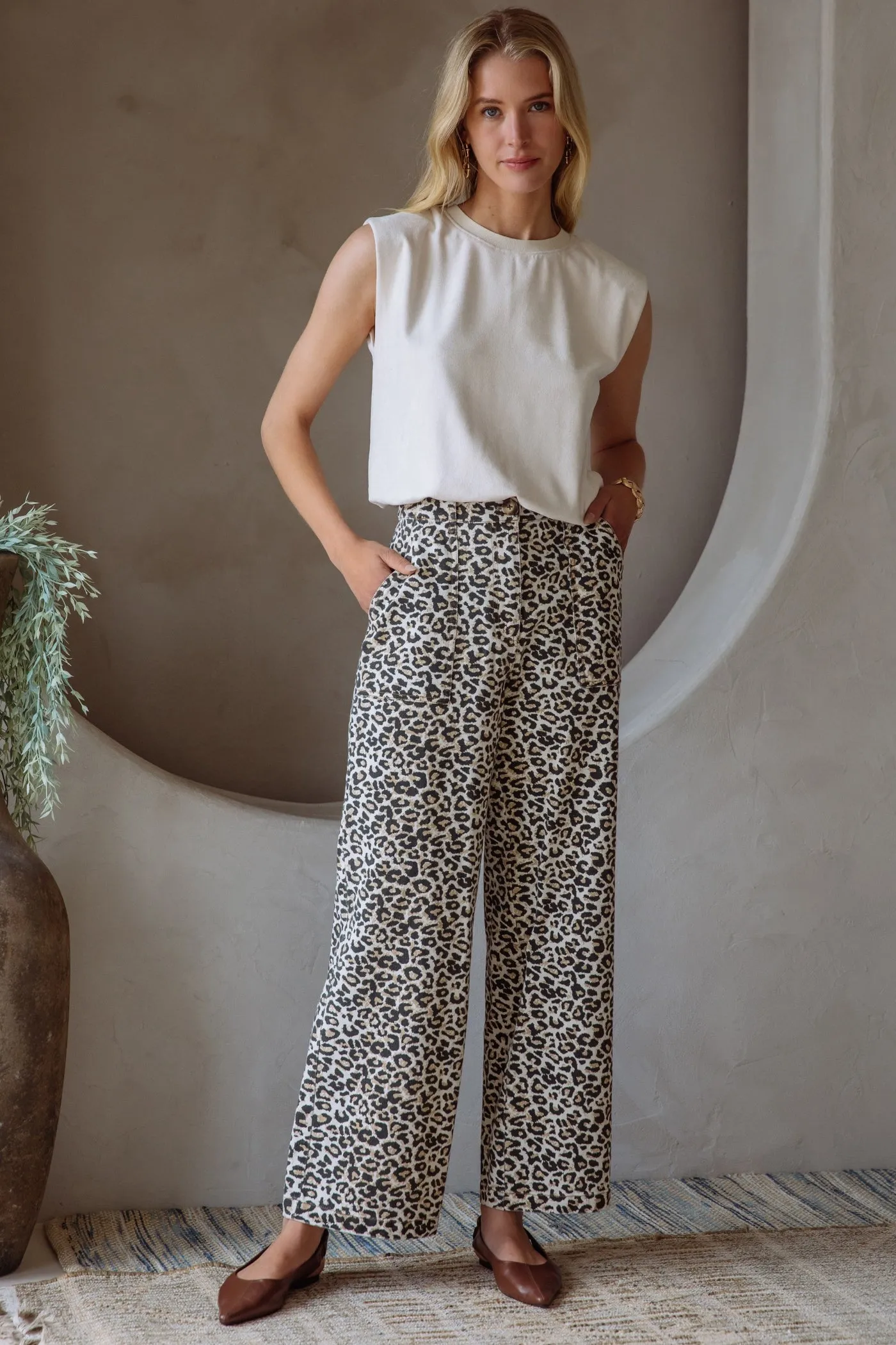 GABRIELLA WASHED LEOPARD PRINT PANTS Utility Ready Flexible Performance Wear