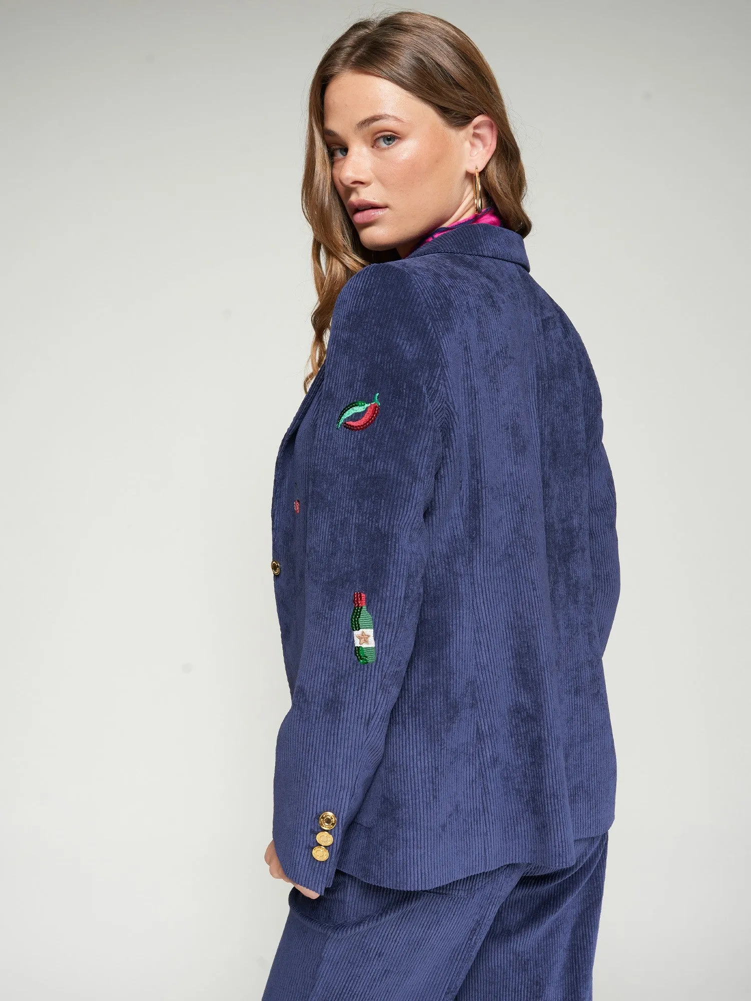 Stretch Woven Material Gadea Corduroy Embroidery Blazer in Pana Navy
