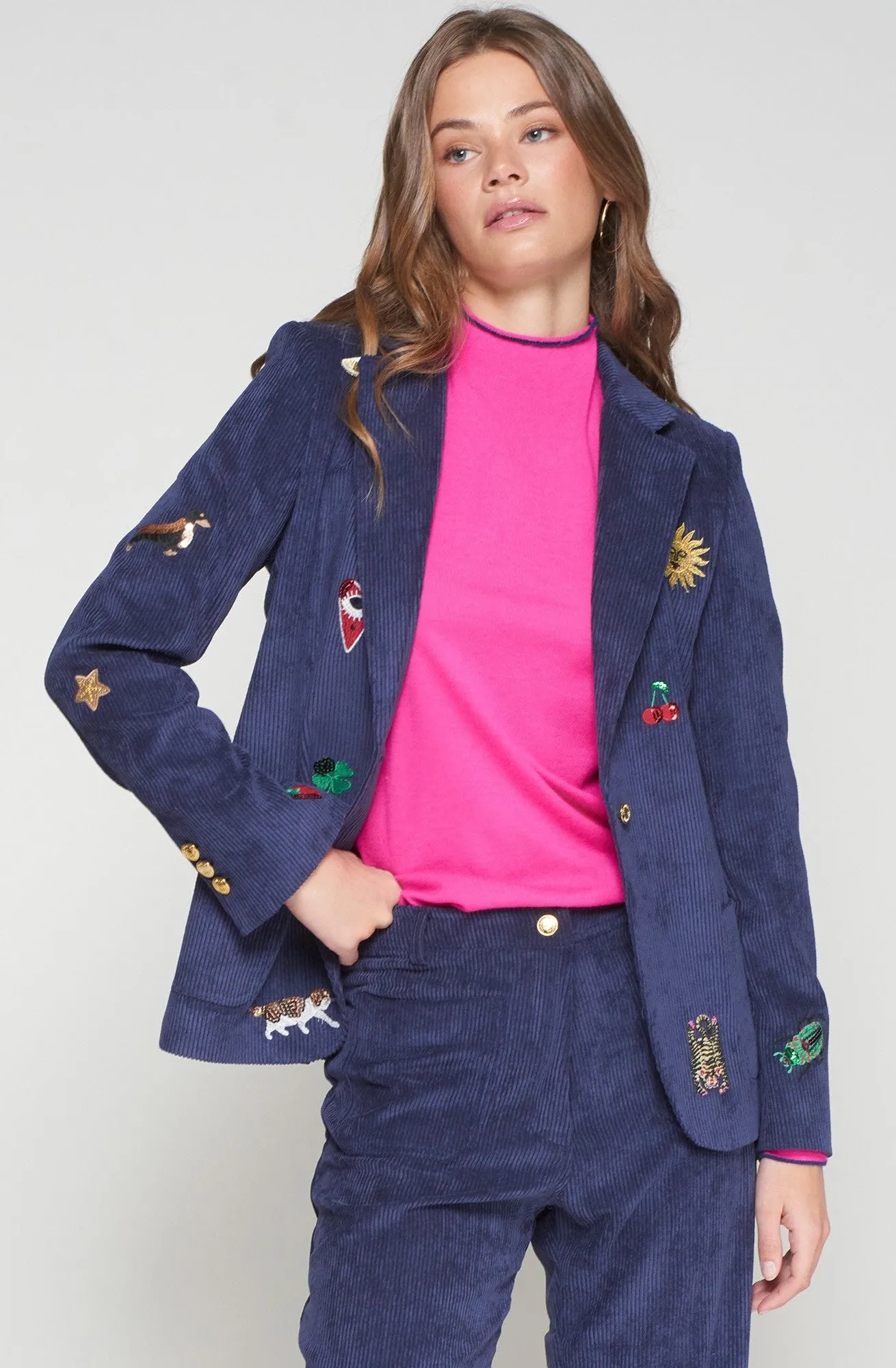 casual top Breathable fabric Gadea Corduroy Embroidery Blazer in Pana Navy