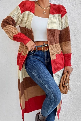 WOMEN COLOR BLOCKED LONG LENGTH KNIT CARDIGAN VersatileLayering NonFade Dye
