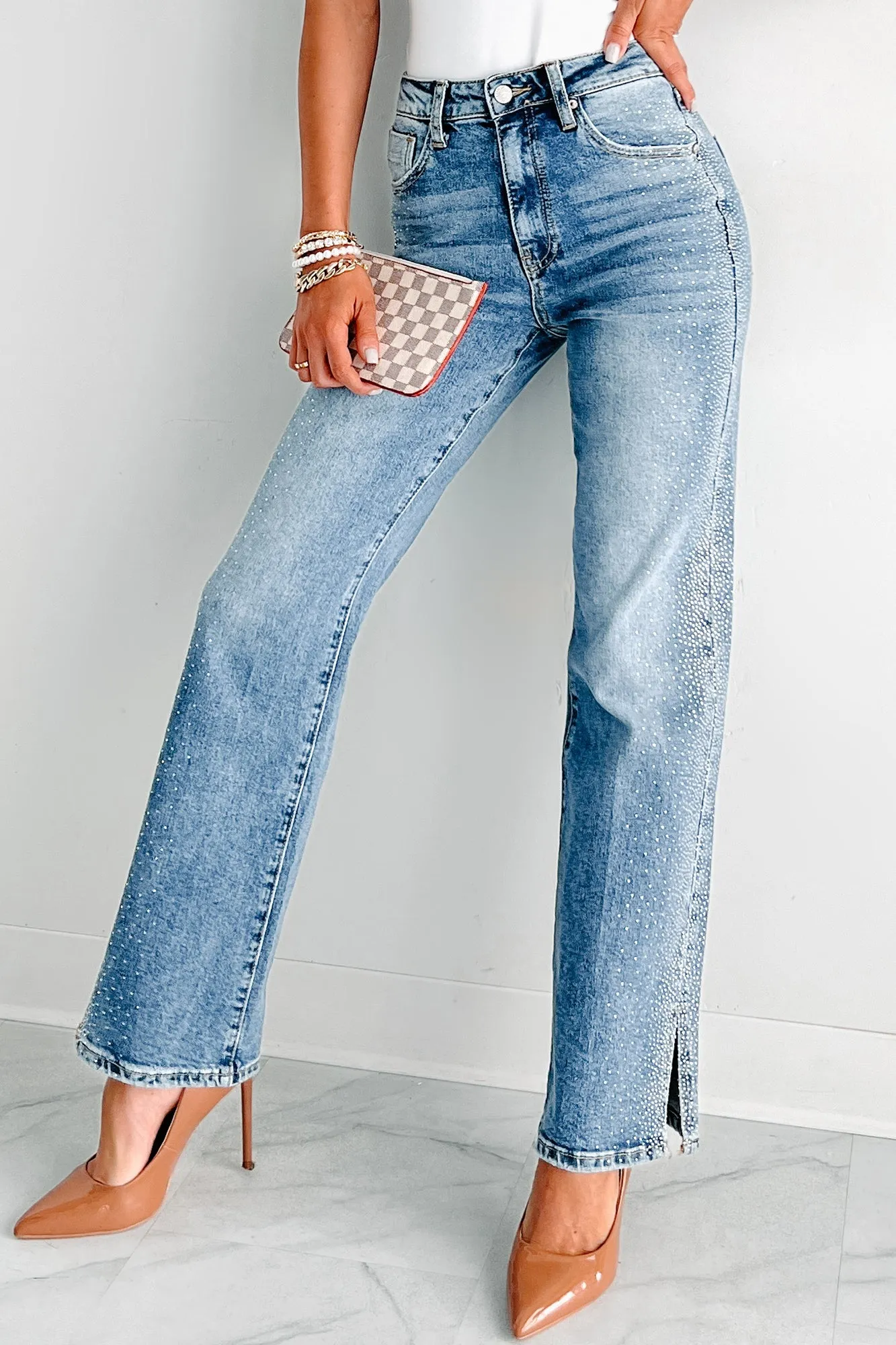 Trend Friendly Modern Spring Mood Garrison High Rise Rhinestone Detail Straight Leg Special A Jeans (Medium Dark)