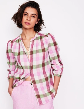Gingham Double Cloth Top-Pink and Green Gingham Tailored Placket Yarn Dye Stripe