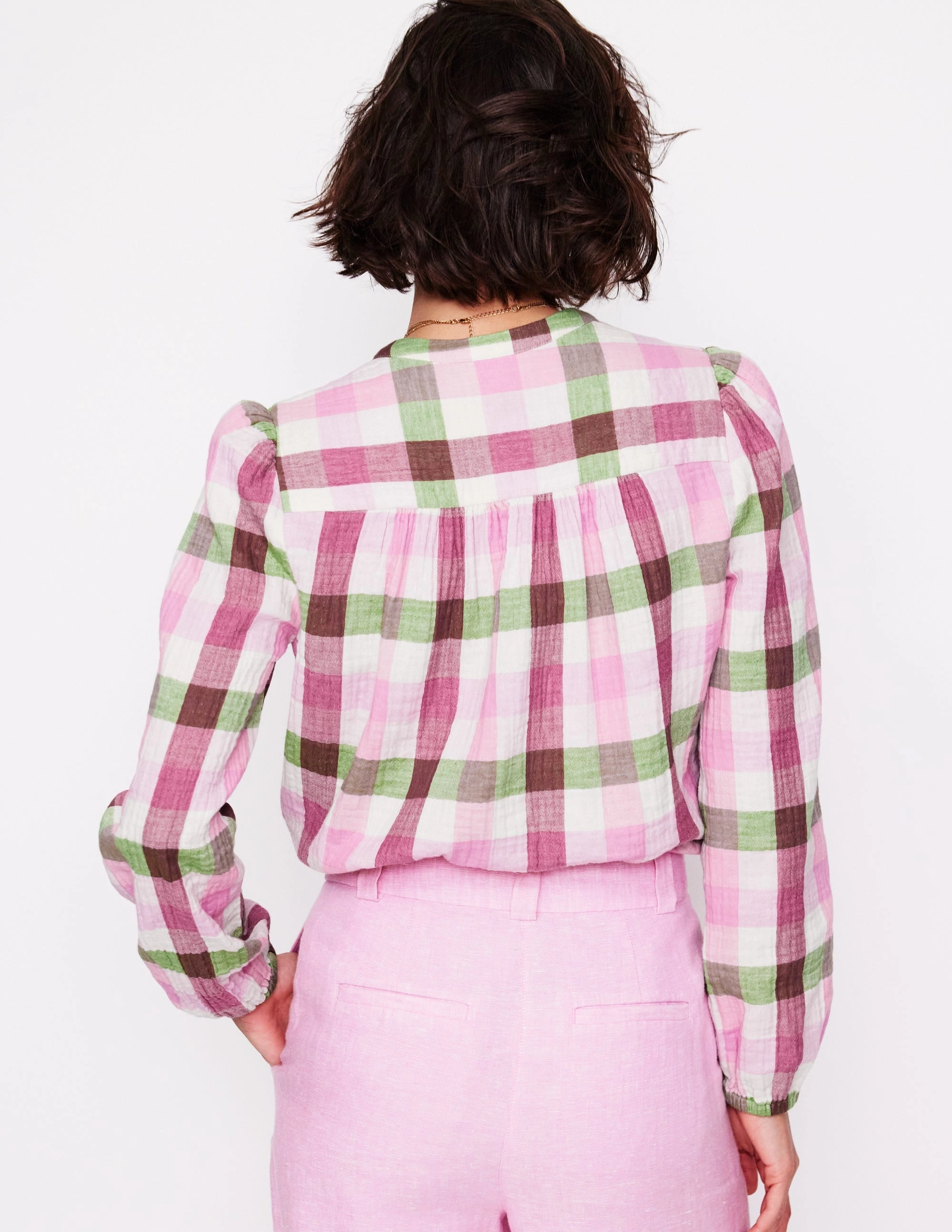 Layered Ply Construction Gingham Double Cloth Top-Pink and Green Gingham
