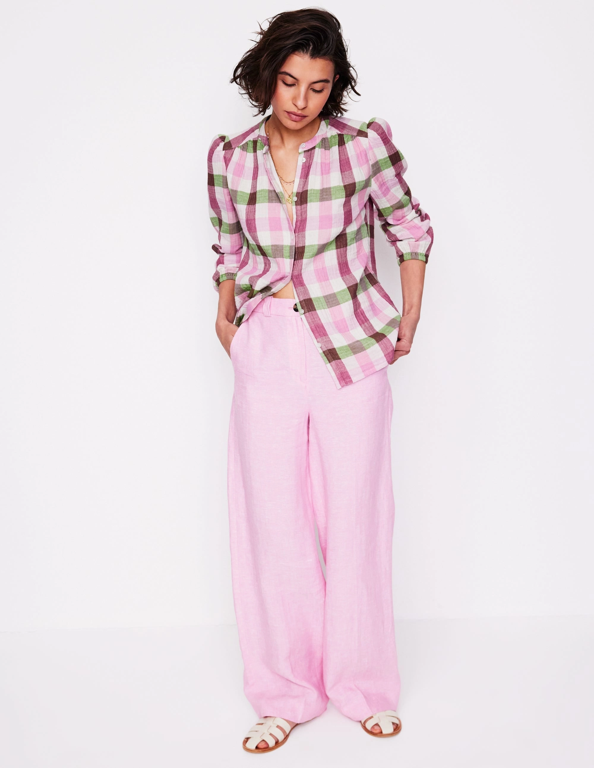 Adjustable Hem Cuff Gingham Double Cloth Top-Pink and Green Gingham