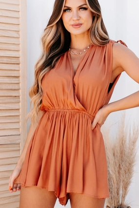 Girl Talk Ruched Shoulder Surplice Romper (Clay) DurableDoubleLayeredHem