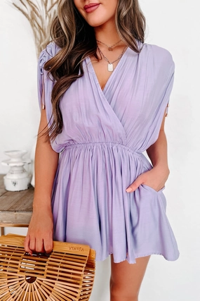 Cool and Breezy Girl Talk Ruched Shoulder Surplice Romper (Lavender)