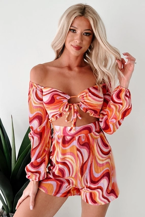 Dance The Night Away Pleated Long Sleeve Romper (Pink/Multi) Peace Glow