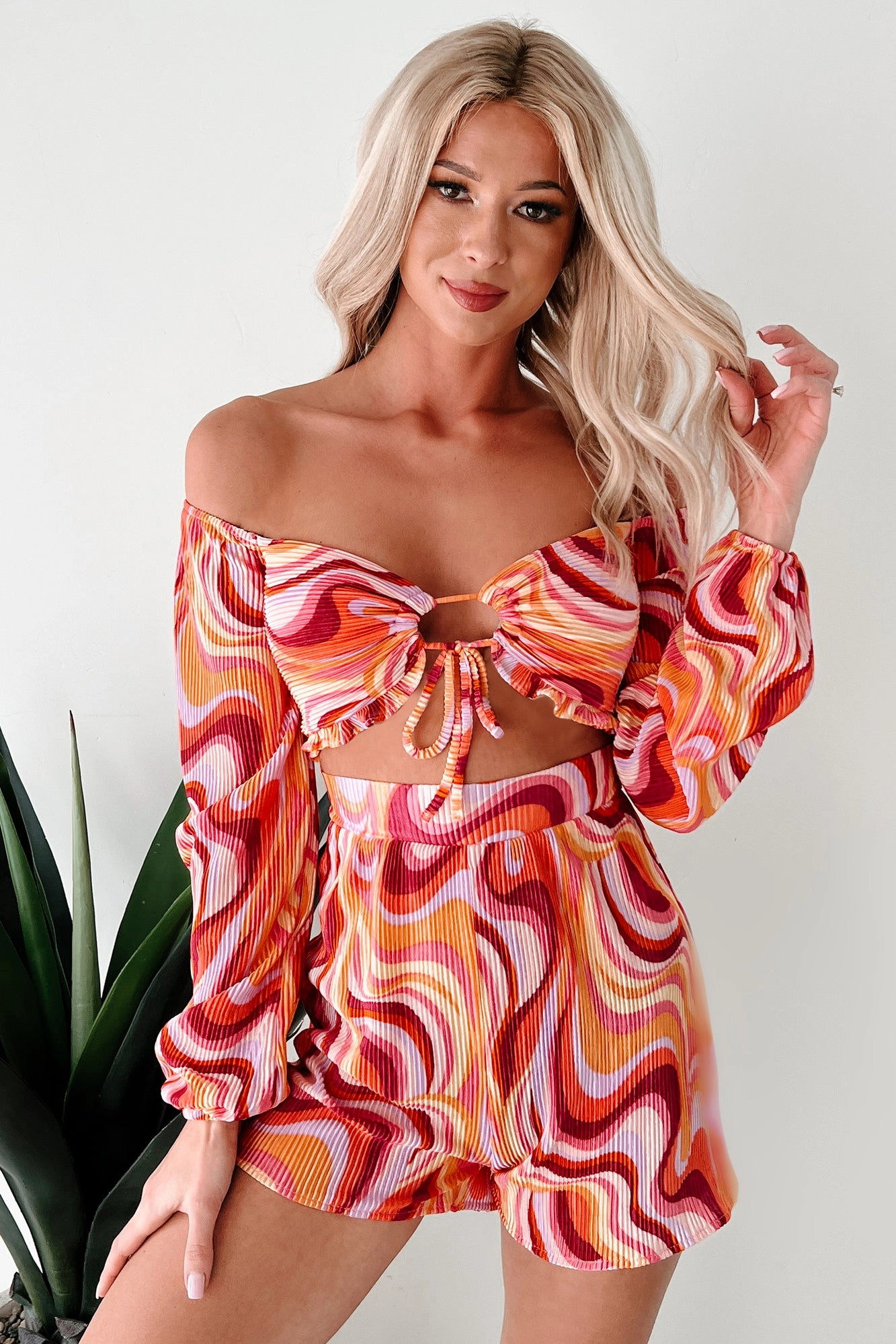 Dance The Night Away Pleated Long Sleeve Romper (Pink/Multi) Summer Air
