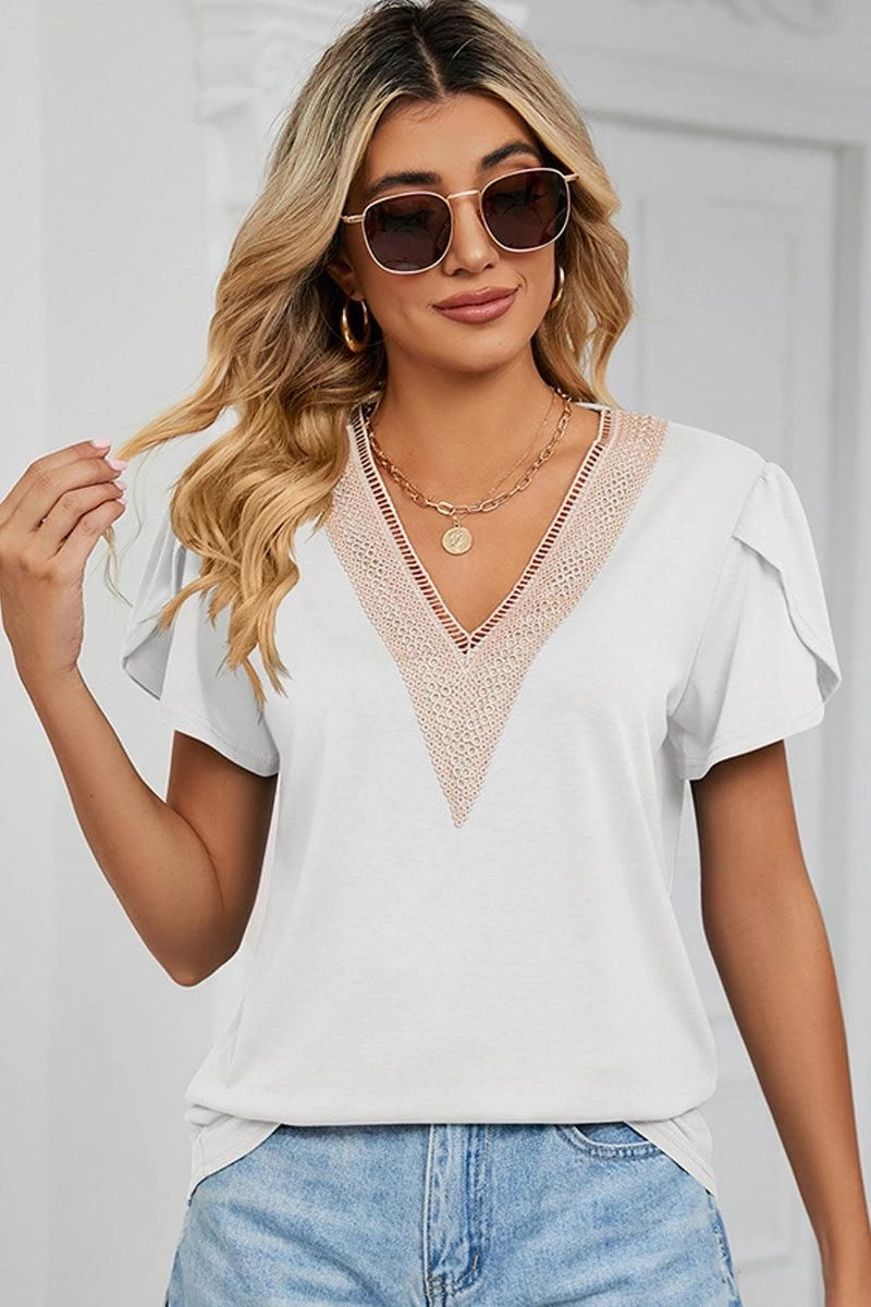 BondedHemline GOLD LACE V NECK RUFFLE SHORT SLEEVE TOP